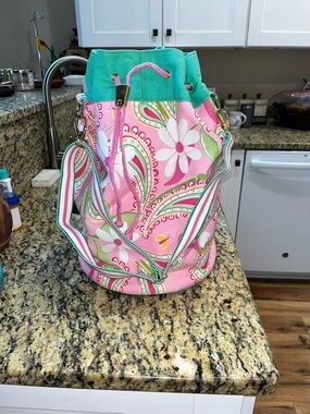 EUC Lilly Pulitzer Duffle Canvas Bucket Barrel Drawstring Tote. 17X15